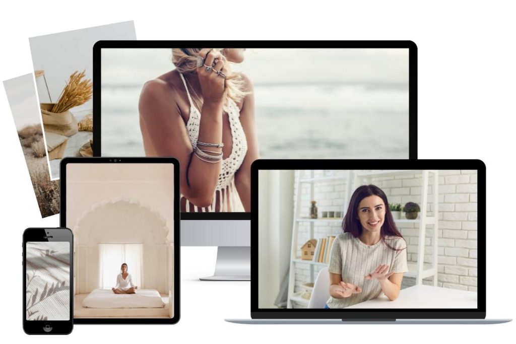 Collage of devices showing wellness scenes: a woman meditating on a bed, a smiling woman in a bright home, and a beach photo on a monitor.